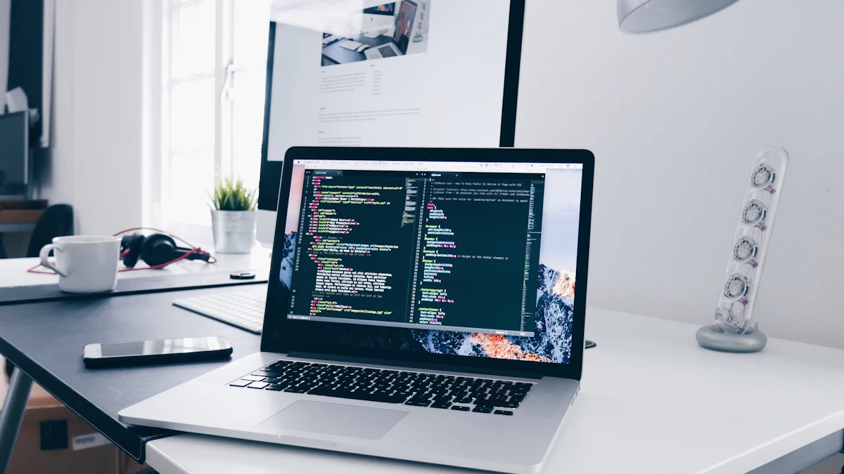 Notebook aberto com o código de um site na tela, sobre uma mesa de trabalho clara